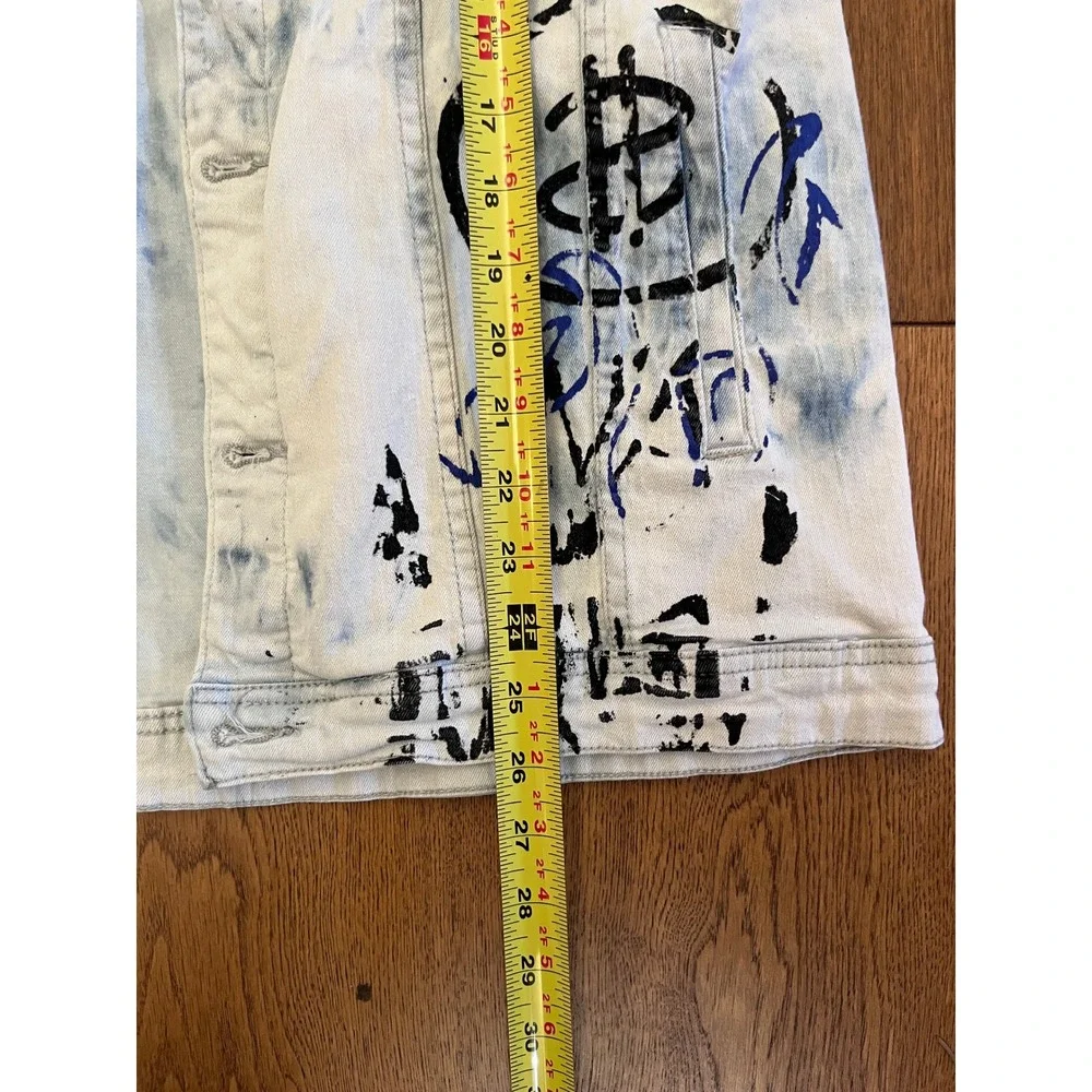 Graffiti All Over Print Denim Jacket Mens XL Light Wash Money Bags Streetwear